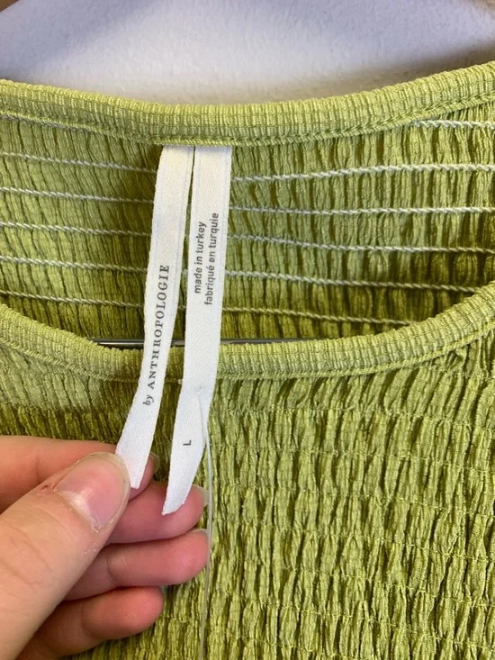 Anthropologie Lime Green Smocked Long-Sleeve Top - Picture 2 of 6